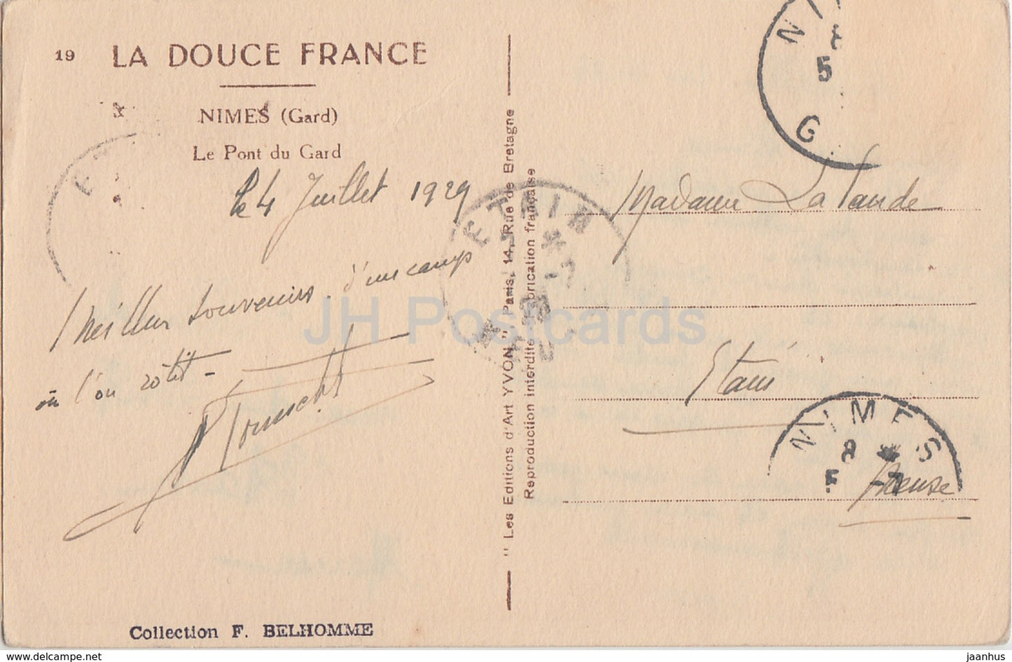 Le Pont du Gard - Nimes - La Douce Frankreich - 19 - alte Postkarte - 1929 - Frankreich - gebraucht