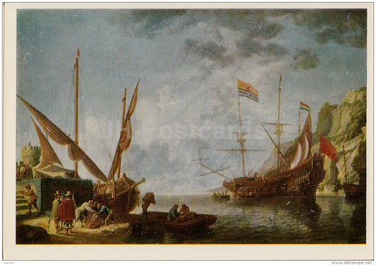 painting by David Teniers the Younger - Coastal harbor - sailing ship - Flemish art - 1977 - Russia USSR - unused - JH Postcards