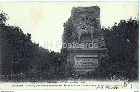 Asnieres - Cimetiere des Chiens - Monument de Barry - Il sauva la vie a 40 personnes - old postcard - 1904 France - used - JH Postcards