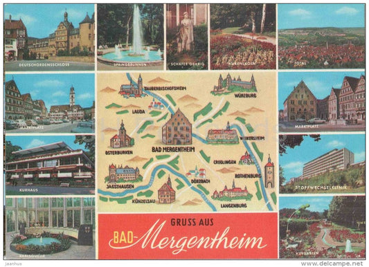 Gruss aus Bag Mergentheim - Marktplatz - Kurhaus - Karlsquelle - Springbrunnen - Kurgarten - 1370 - Germany - ungelaufen - JH Postcards