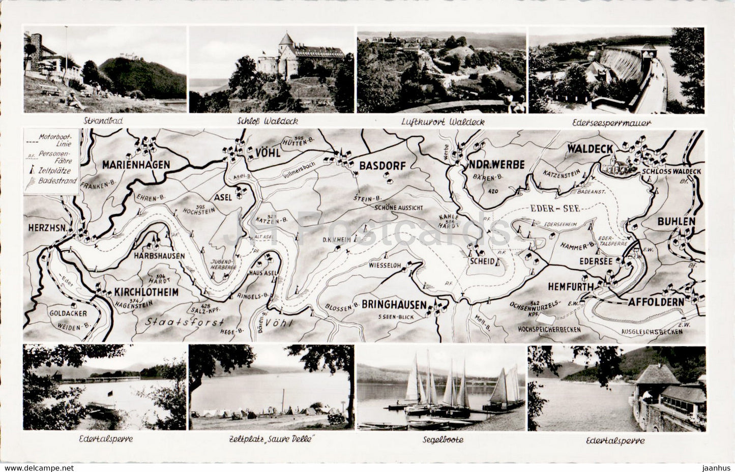 Die Edertalsperre - Strandbad - Schloss Waldeck - Segelboote - Zeltplatz - old postcard - Germany - unused - JH Postcards