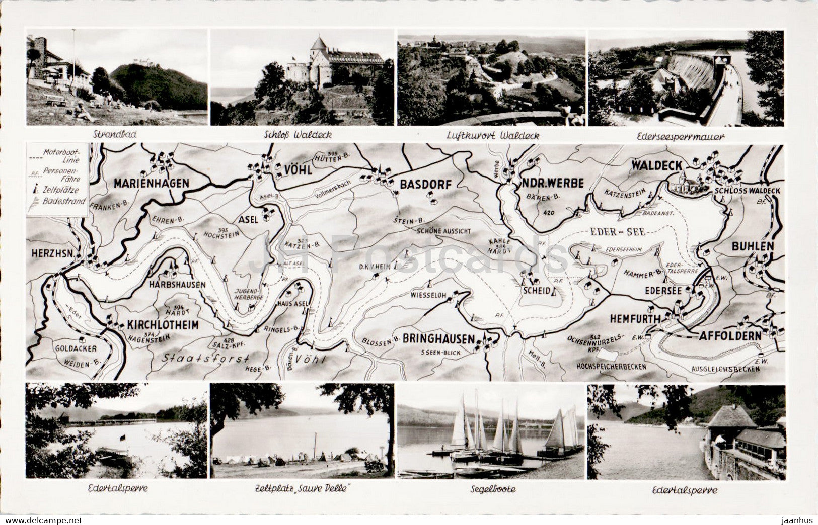 Die Edertalsperre - Strandbad - Schloss Waldeck - Segelboote - Zeltplatz - old postcard - Germany - unused - JH Postcards