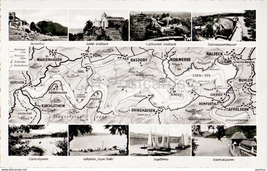 Die Edertalsperre - Strandbad - Schloss Waldeck - Segelboote - Zeltplatz - old postcard - Germany - unused - JH Postcards