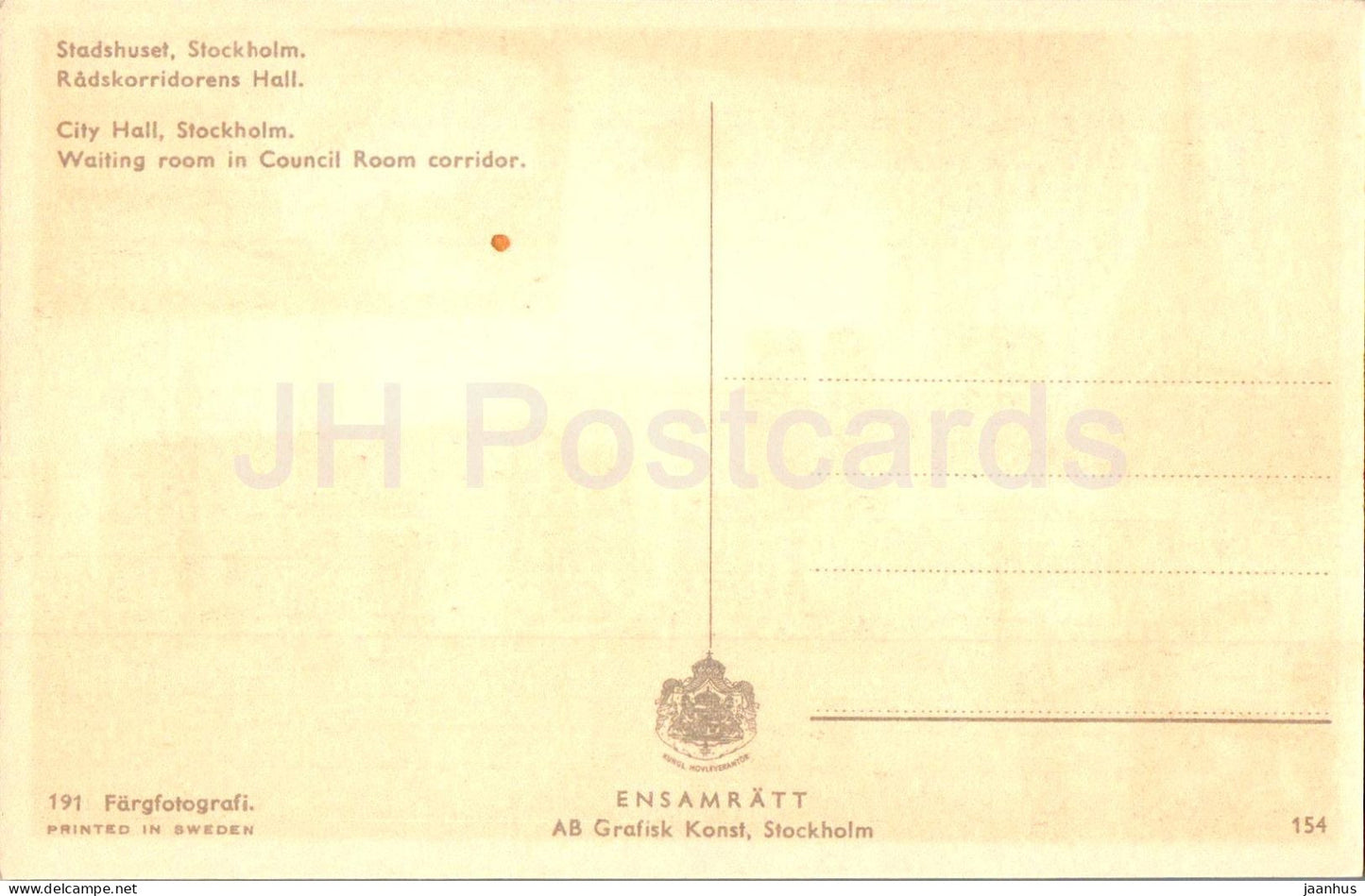 Stockholm - Stadshuset - Radskorridorens Hall - salle d'attente - 154 - carte postale ancienne - Suède - inutilisée 