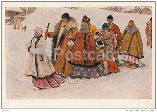 painting by A. Ivanov - Peasant Family - Russian art - old postcard - Russia USSR - unused - JH Postcards