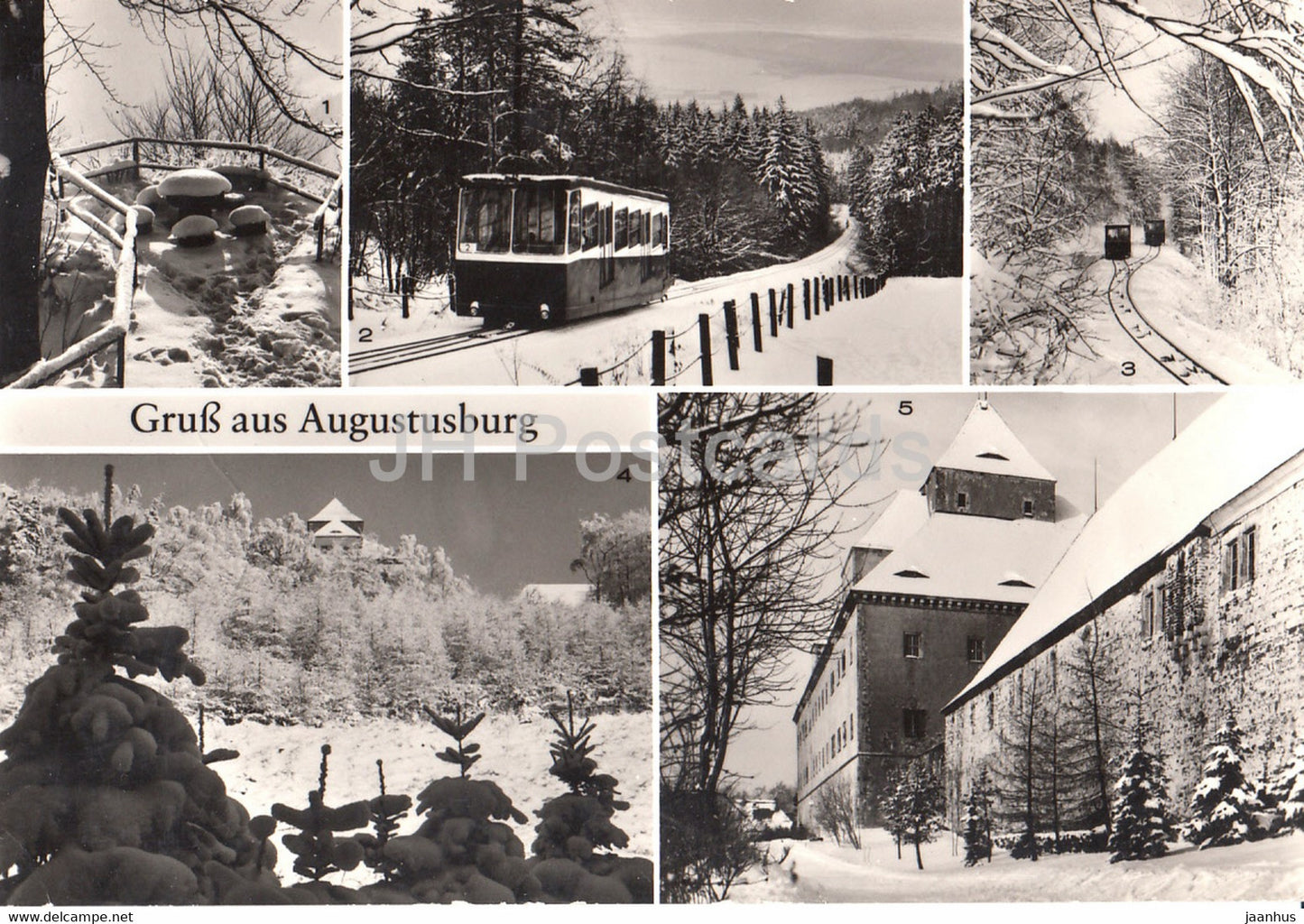 Gruss aus Augustusburg - Am Kunnerstein - Drahtseilbahn -Schloss - funicular - castle - Germany DDR - unused - JH Postcards