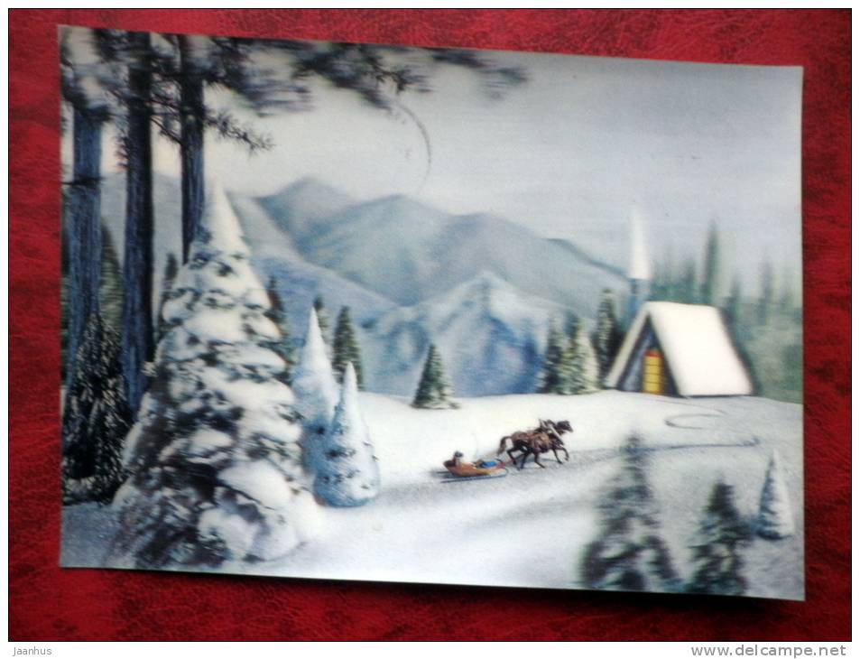 Finland - 3D - stereo - New Year - Winter - Snow - Church - horses - sent in Finland, Imatra - nice stamp - 1974 - used - JH Postcards