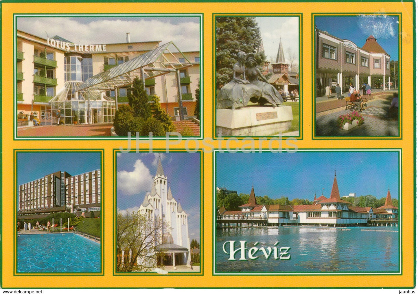 Heviz - spa - church - hotel - monument - Lotus Therme - multiview - 2002 - Hungary - used - JH Postcards