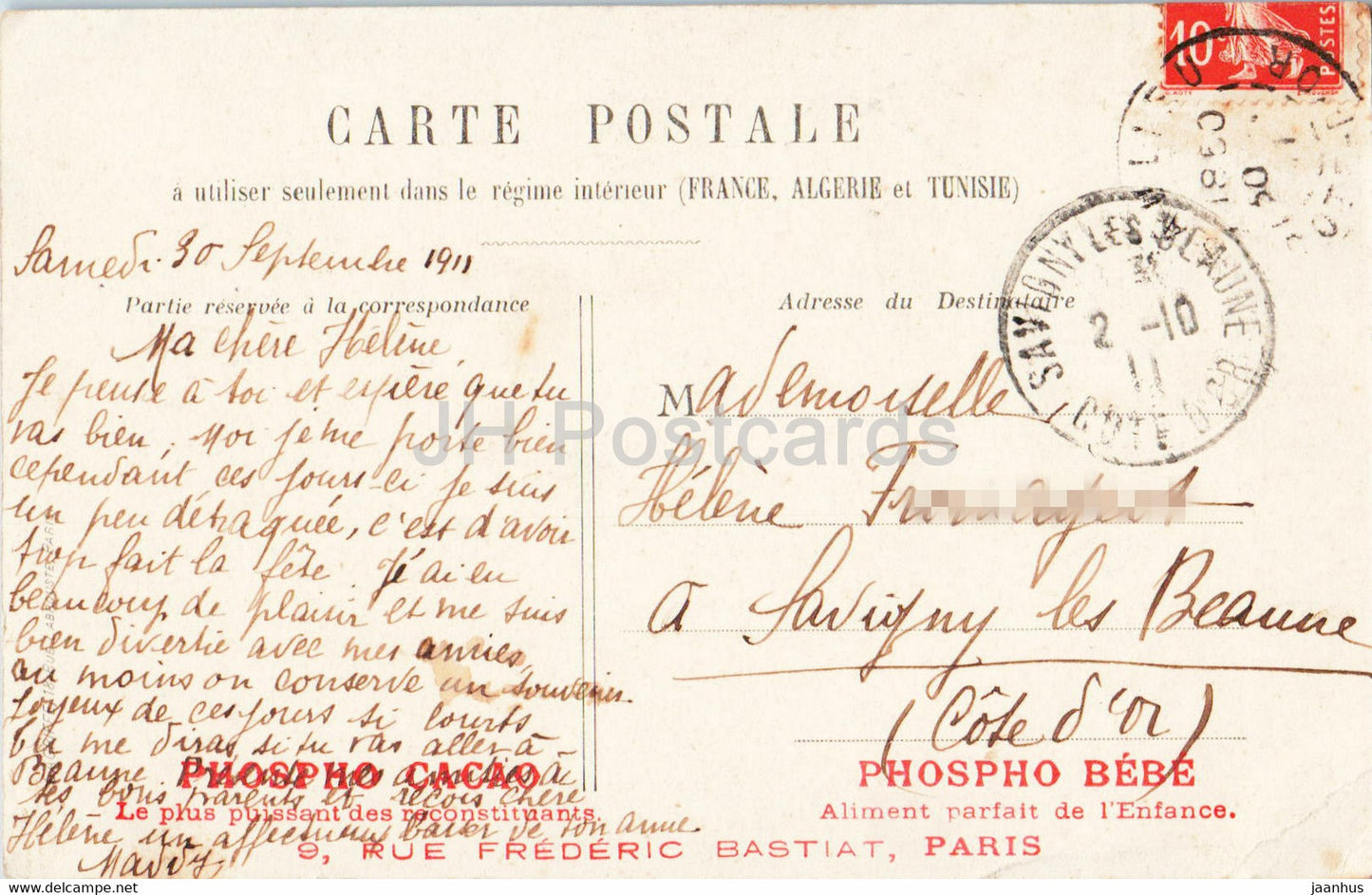 fille - enfants - Phospho Cacao - Phospho Bebe - carte postale ancienne - 1911 - France - utilisé
