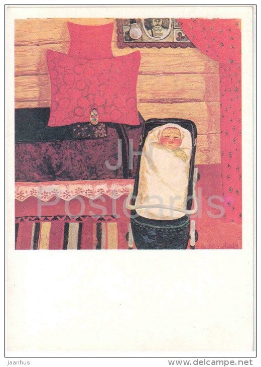painting by I. Zaripov - Cradle , 1972 - baby - russian art - unused - JH Postcards