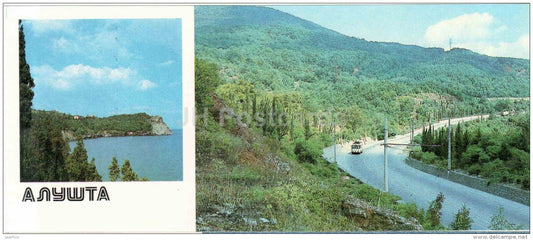 view of t he cape Plaka - trolleybus line Simferopol-Alushta-Yalta - Alushta - Crimea - 1987 - Ukraine USSR - unused - JH Postcards
