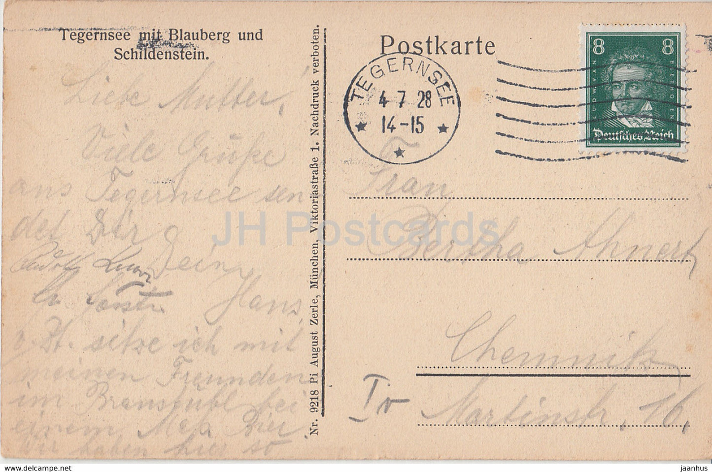 Tegernsee mit Schildenstein und Blauberg - 9218 - old postcard - 1928 - Germany - used