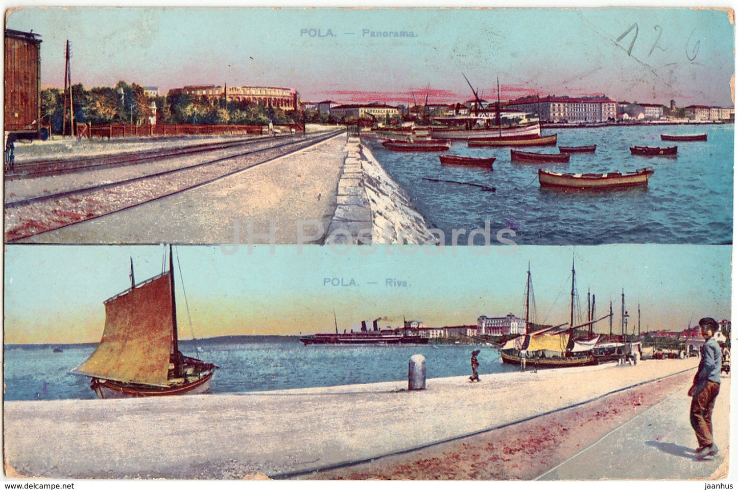 Pola - panorama - riva - sailing boat - old postcard - 1914 - Croatia - used - JH Postcards