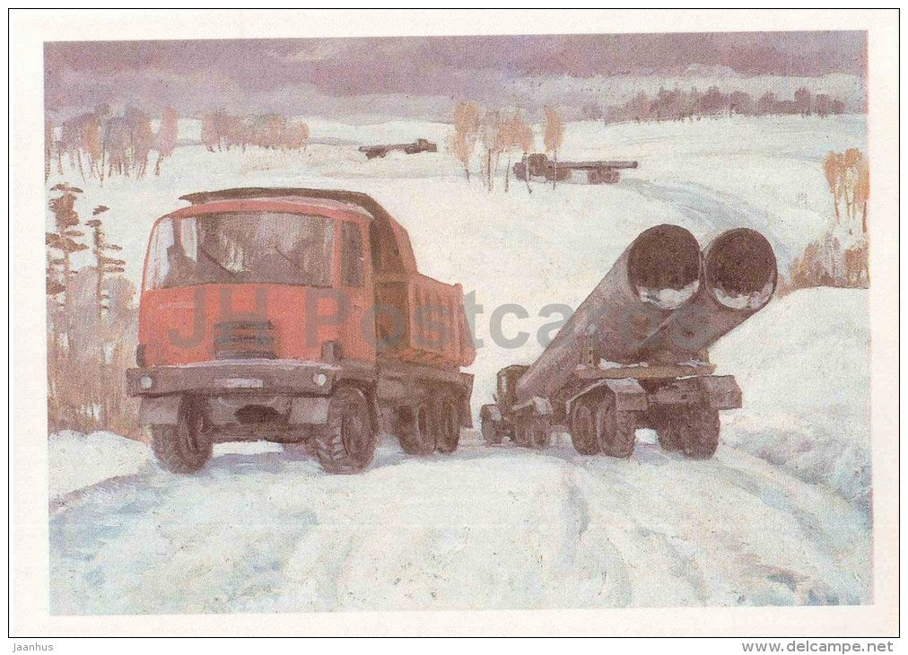 illustration by M. Sapozhnikov - winter road - truck - Tomsk oblast - 1987 - Russia USSR - unused - JH Postcards