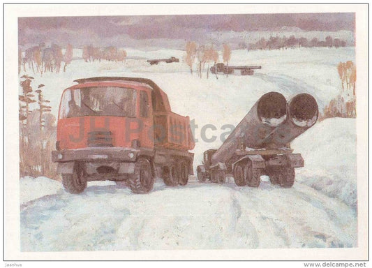 illustration by M. Sapozhnikov - winter road - truck - Tomsk oblast - 1987 - Russia USSR - unused - JH Postcards