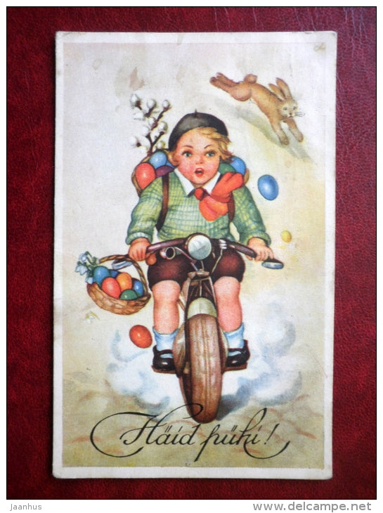 Easter Greeting Card - kid on motorbike - hare - eggs - circulated in 1937 - Estonia - used - JH Postcards