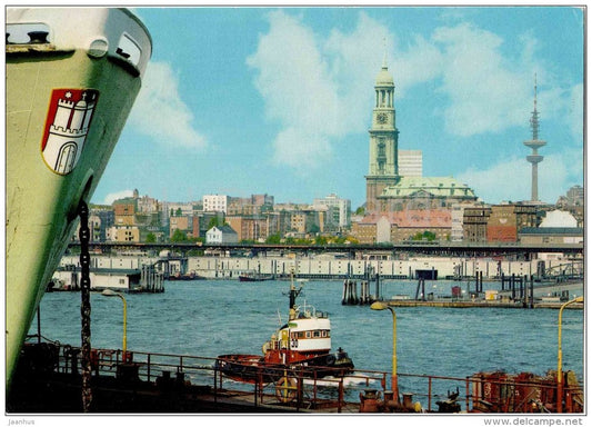 Hamburg , Hafen mit Michaeliskirche und Fernsehturm - port - church - TV Tower - ship - Germany - 1974 gelaufen - JH Postcards