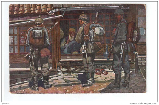 illustration by Koreffski - beim türkischen Schneider in Uesküb - WWI - soldiers - Serie 101 - old postcard  - unused - JH Postcards
