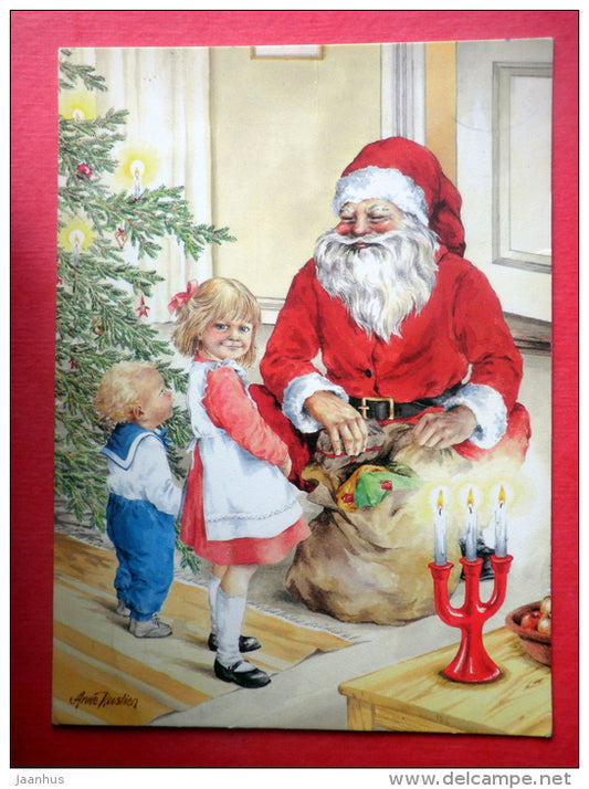 Christmas Greeting Card by A. Rooslien - Santa Claus - angels - Sweden - sent from Finland to Estonia USSR 1986 - JH Postcards