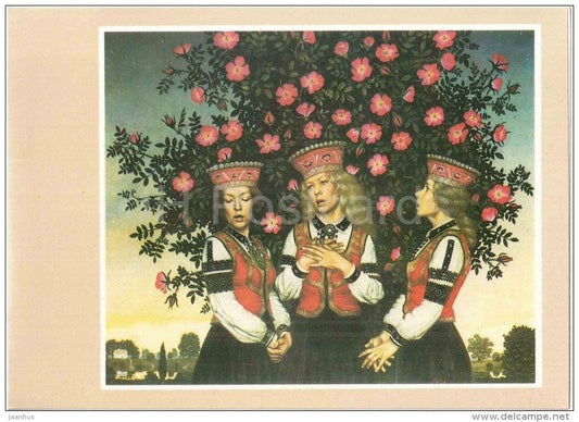 painting by M. Pola - In the Rose Garden - women in latvian folk costumes - latvian art - unused - JH Postcards