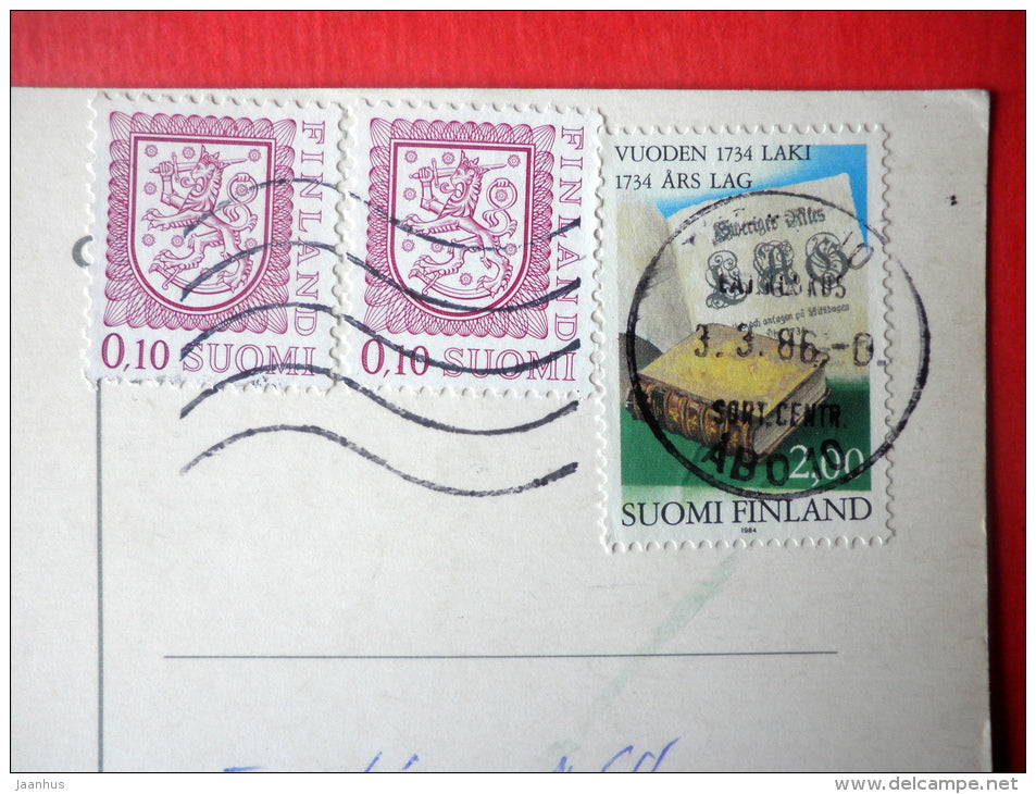 Easter Greeting Card - hare - bullfinch - literature - Finland - sent from Finland to Estonia USSR 1986 - JH Postcards