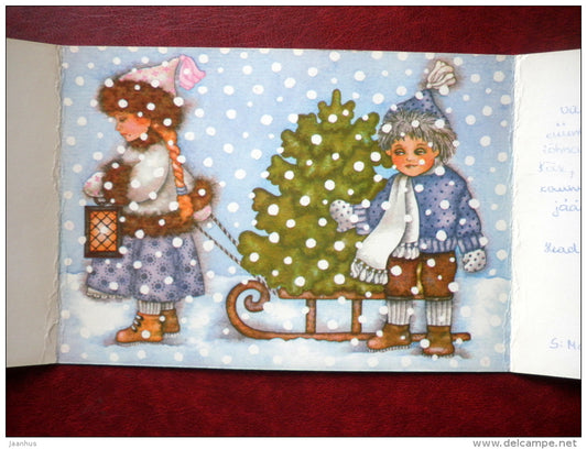 New Year Greeting card - by V. Noor - sledge - christmas tree - lamp - 1988 - Estonia USSR - used - JH Postcards