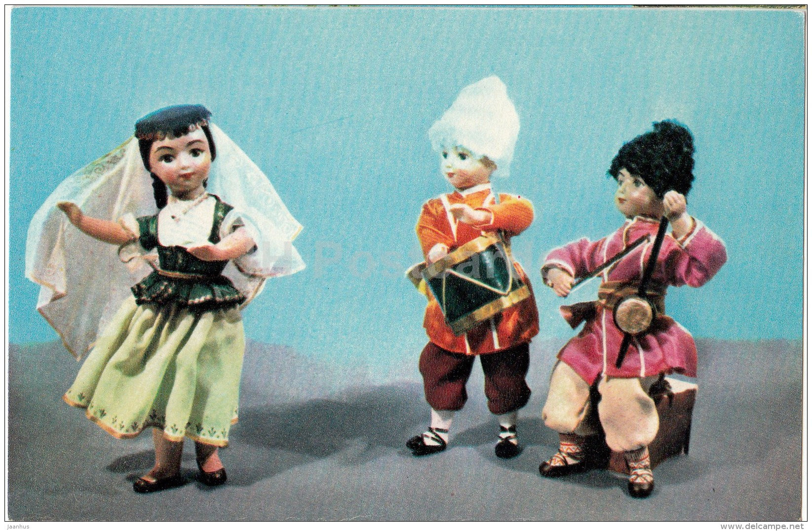 Holiday - knitting - dance - music - dolls in Azerbaijan national costumes - 1967 - Russia USSR - unused - JH Postcards