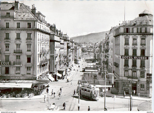 Geneve - Rue du Mt Blanc et le Mt Blanc - hotel Suisse - tram - 1954 - old postcard - Switzerland - used - JH Postcards