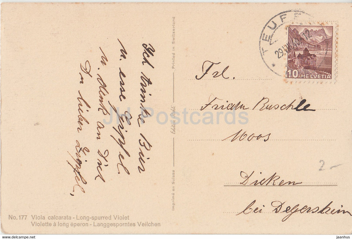 Viola Calcarata - Long Spurred Violet - Langgesprontes Veilchen flowers - 177 - old postcard - 1940 - Switzerland - used