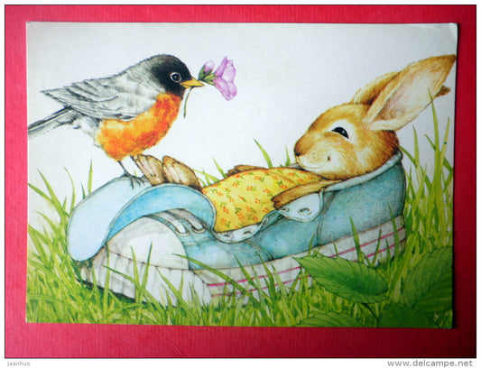 Easter Greeting Card - hare - bullfinch - literature - Finland - sent from Finland to Estonia USSR 1986 - JH Postcards