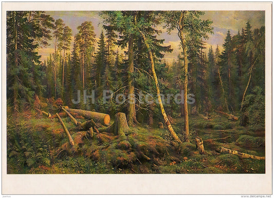 painting by I. Shishkin - Lumbering , 1867 - Russian art - 1985 - Russia USSR - unused - JH Postcards