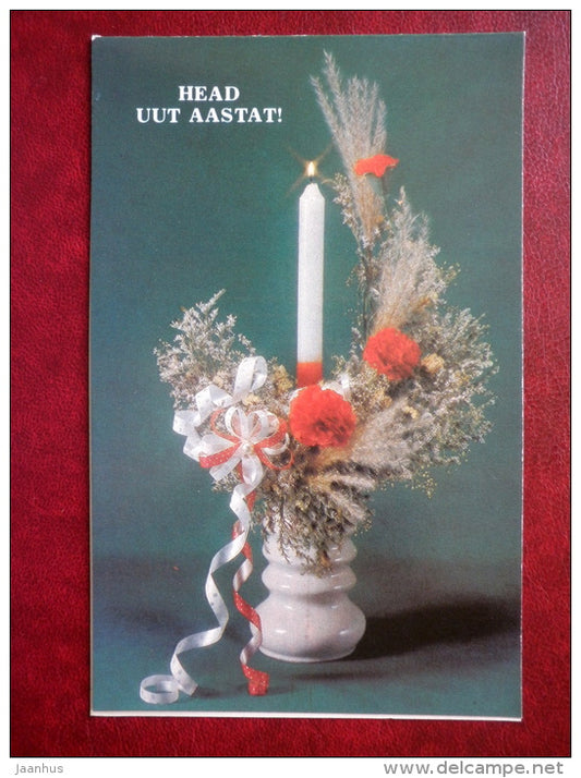 New Year Greeting card - candle - vase - carnation - flowers - 1990 - Estonia USSR - used - JH Postcards
