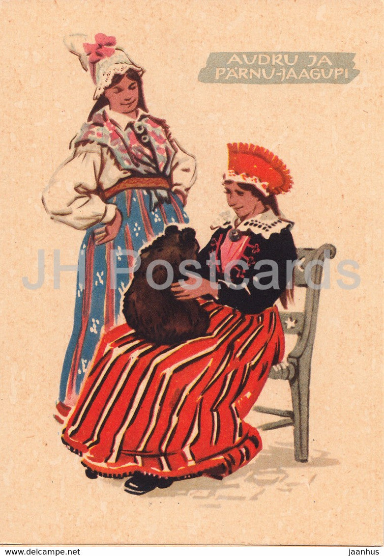 Estonian Folk Costumes - Audru and Parnu-Jaagupi - illustration by A. Vender - 1960 - Estonia USSR - unused - JH Postcards