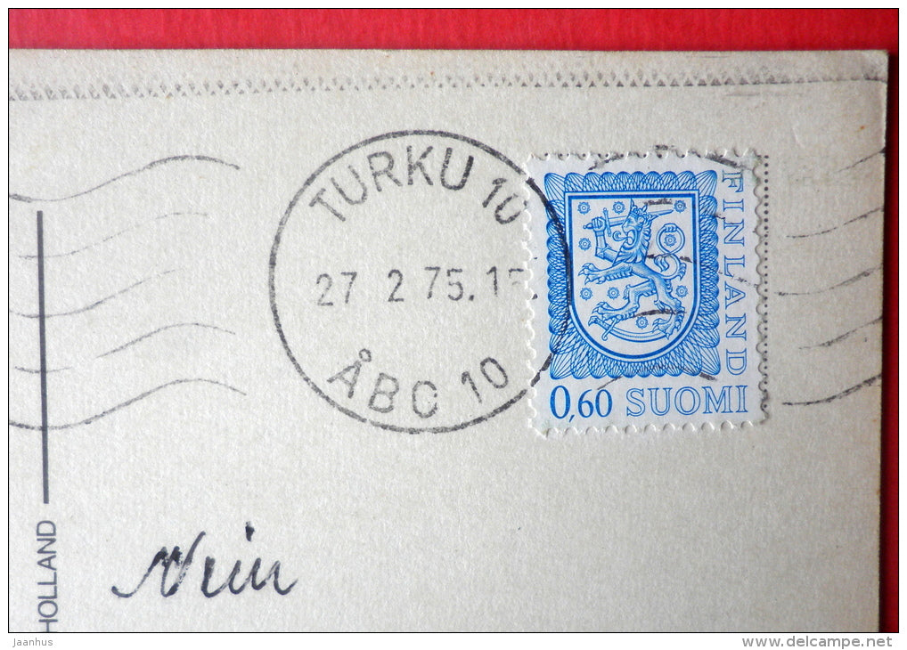 illustration by Taylor Tot - girl - dog - poppy - painting - Holland - sent from Finland Turku to Estonia USSR 1975 - JH Postcards