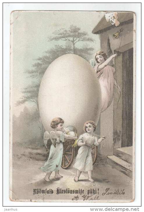 Easter Greeting Card - eggs - angels - circulated in Tsarist Russia Estonia 1906 Reval - used - JH Postcards