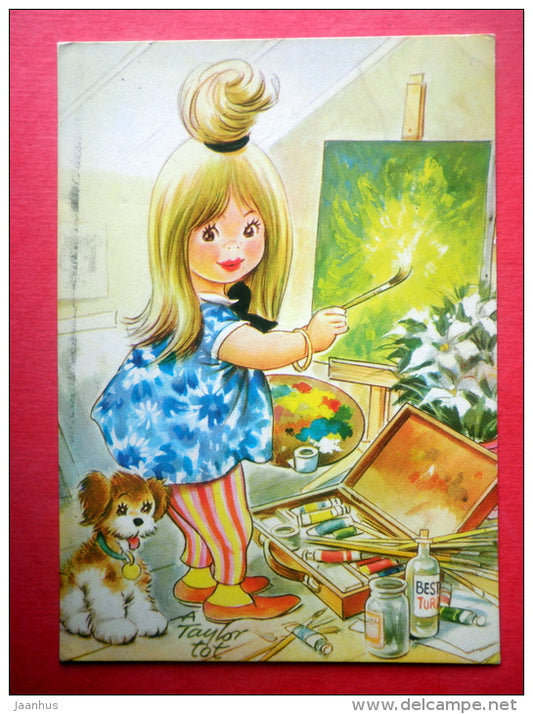 illustration by Taylor Tot - girl - dog - poppy - painting - Holland - sent from Finland Turku to Estonia USSR 1975 - JH Postcards