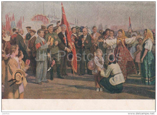 painting by D. Mochalsky - Gathering to the Demonstration - red flags - veterans - russian art - unused - JH Postcards