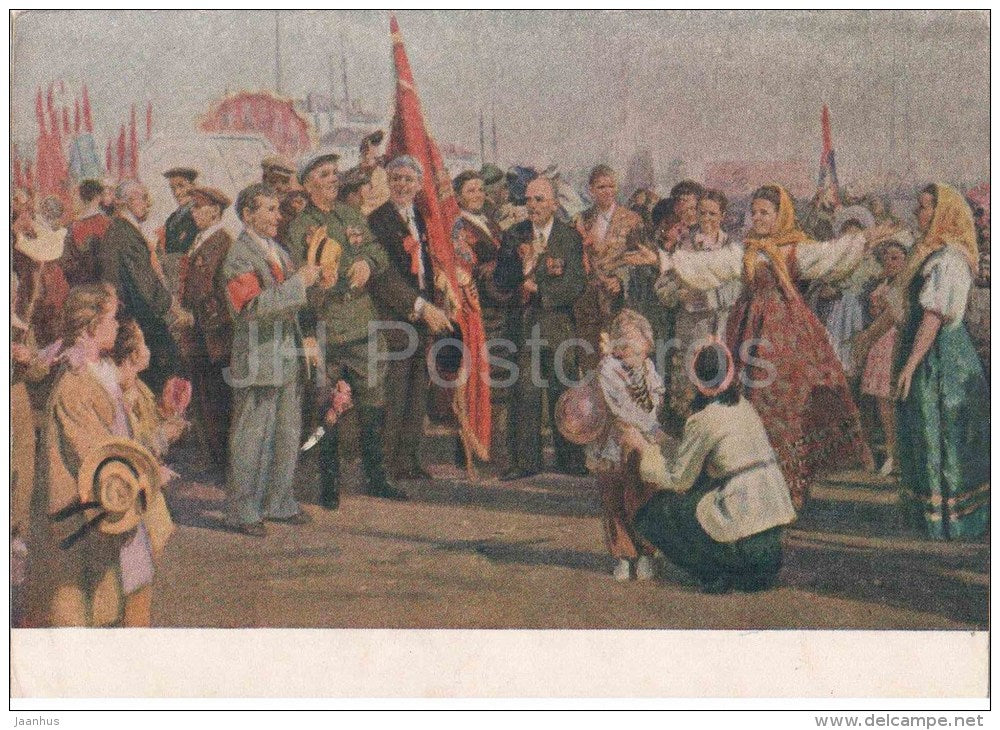 painting by D. Mochalsky - Gathering to the Demonstration - red flags - veterans - russian art - unused - JH Postcards