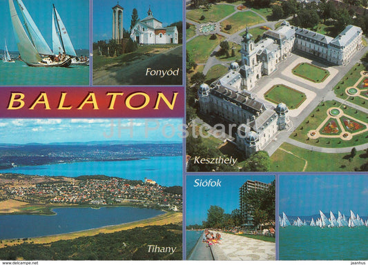 Greetings from Balaton - Tihany - Fonyod - Keszthely - Siofok - sailing boat - multiview - 1997 - Hungary - used - JH Postcards