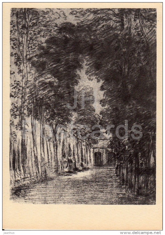 drawing by Jean-Antoine Watteau - Alley in the Park - French art - 1956 - Russia USSR - unused - JH Postcards