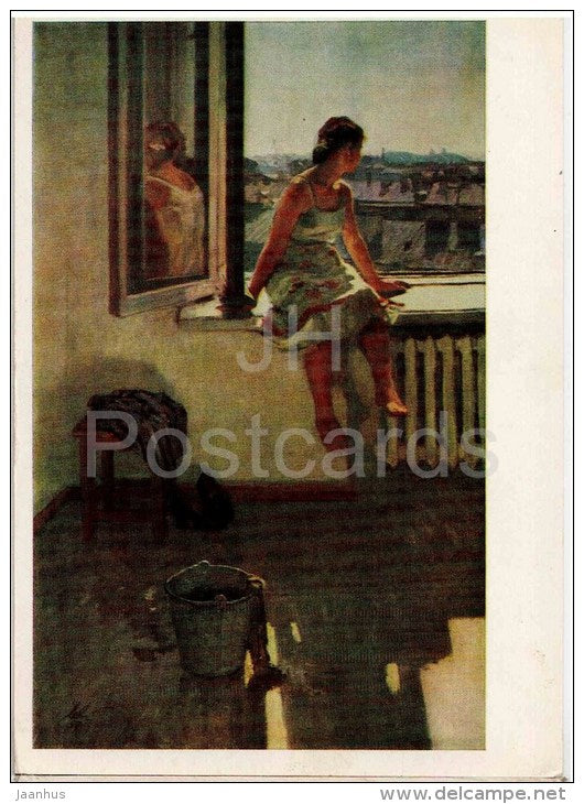 painting by A. Levitin - Warm Day , 1957 - window - bucket - woman - russian art - unused - JH Postcards