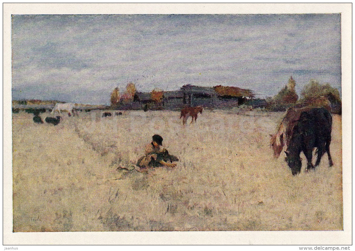 painting by V. Serov - October . Domotkanovo , 1895 - horses - Russian Art - 1963 - Russia USSR - unused - JH Postcards