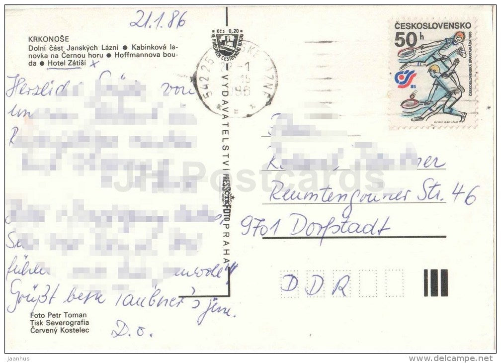Janske Lazne - Krkonose - cable car - hotel Zatisi - Czechoslovakia - Czech - used 1986 - JH Postcards
