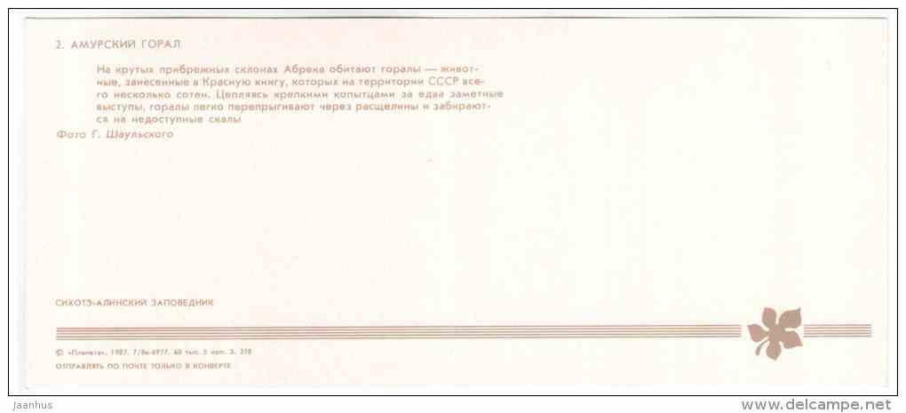 Long-tailed goral - Naemorhedus caudatus - Sikhote-Alin Nature Reserve - 1987 - Russia USSR - unused - JH Postcards