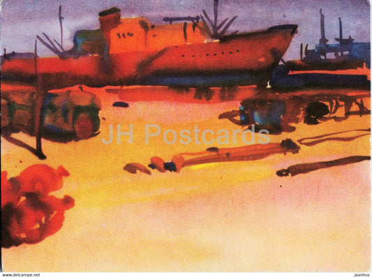 painting by N. Petraskevica - Port - Ship - Latvian art - 1963 - Latvia USSR - unused - JH Postcards