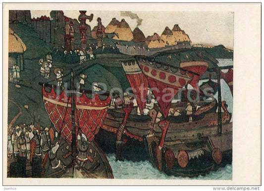 painting by N. Roerich - Slavs on the Dnieper river , 1905 - sailing boat - Russian art - Russia USSR - 1981 - unused - JH Postcards