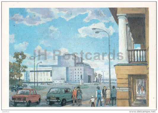 illustration by M. Sapozhnikov - Lenin Square - cars Zhiguli , Riga - Tomsk oblast - 1987 - Russia USSR - unused - JH Postcards