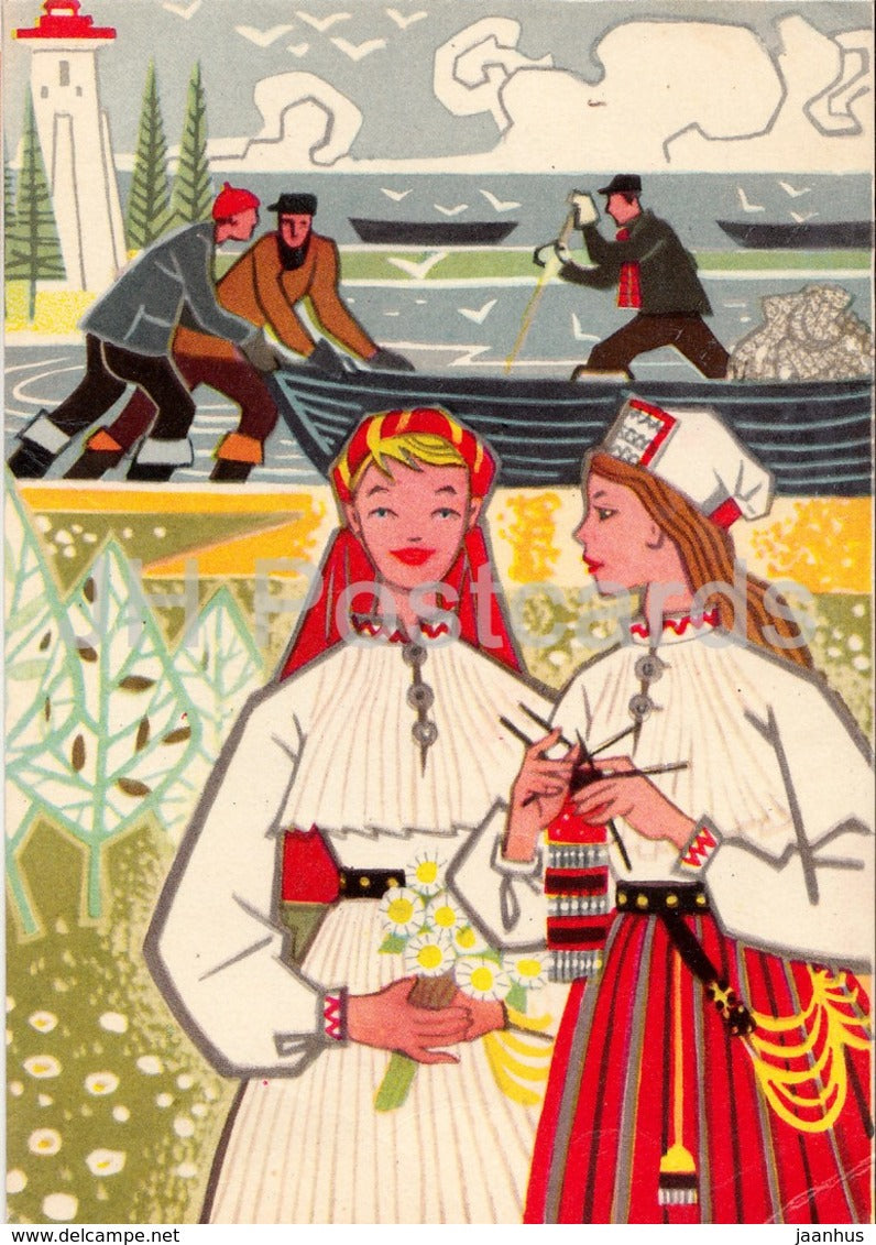 illustration by V. Lember Bogatkina - Estonian Folk Costumes - Hiiumaa - 1965 - Estonia USSR - used - JH Postcards