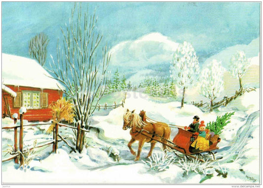 Christmas greeting card - illustration by Versley - horse sledge - house - 211004 - Finland - used in 1993 - JH Postcards
