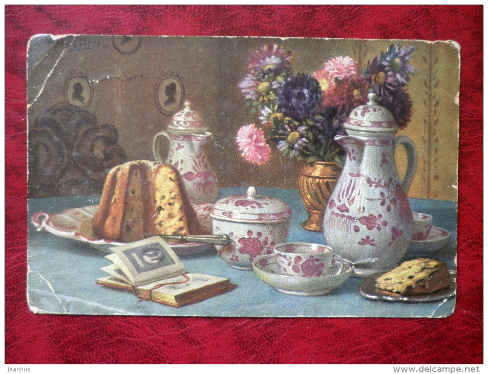 Painting by Wilhelm Eilers - Still Life - teapot - cake - book - german art - sent in 1928 - circulated in Estonia used - JH Postcards